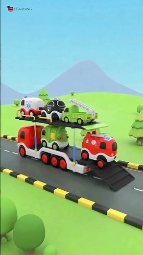Red Fire Truck Unloads from Carrier Truck and Parks in Garage | Toy Vehicle Animation for Kids