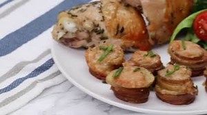 2.2K views · 41 reactions | Using a mandoline slicer is an easy way to get perfect slices every time! Stack them in a muffin tin, top with Parmesan, and pair with chicken thighs for a simple weeknight meal. Thanks to our friends at Tasty for this delectable recipe! | The Little Potato Company | Facebook