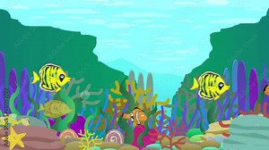 Animation of a seabed with various types of fish, seaweed, starfish, aquarium.