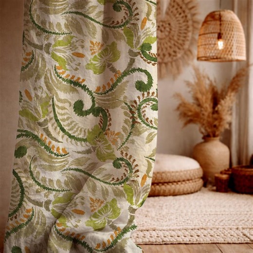 Green Paisley Linen Curtain Panel, Vintage Botanical Swirl Window Drapes, Beige Natural Fabric - Etsy