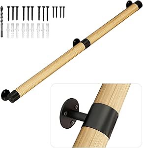 6FT Wooden Stair Handrails,Indoor Outdoor Hand Railings, Sturdy Wall Mount Support,Non-Slip Safety Handrail for Elderly, Children, and People with Physical Limitations