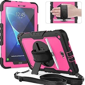 Timecity Case for Galaxy Tab A 10.1 2016 Release (SM-T580 T585 T587), Heavy Duty Protection Case with Screen Protector, Swivel Stand, Hand Strap and Shoulder Strap Stylus Holder - Rose
