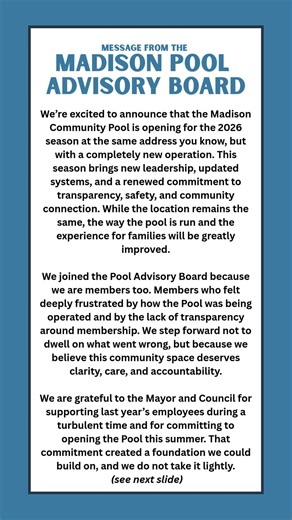 The Madison Pool Advisory Board released a message today to give the public an update regarding the status of the Madison Community Pool for the 2026 season. More details will be announced soon. | The Borough of Madison New Jersey