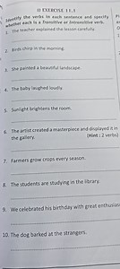 EXERCISE 11.1Identify the verbs in each sentence and specify ... | Filo