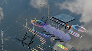 Solar panel, wind turbine and nuclear power green energy concept animation. Renewable energy data charts animation with 3D objects. 3D rendering animation.
