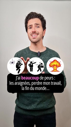 J’ai très peur ou j’ai beaucoup de peurs ? Quelle est la différence ? 👉 Quand tu dis "j’ai très peur", tu parles de l’intensité d’une peur. Par exemple : → J’ai très peur des araignées ! Ma peur est très intense quand je vois une araignée. 👉 Par contre, si tu dis "j’ai beaucoup de peurs", c’est différent. Ça veut dire que tu as un grand nombre de peurs. Par exemple : → J’ai beaucoup de peurs : les araignées, perdre mon travail, la fin du monde… Je suis une personne angoissée. 😄💬 Et toi ? Tu 