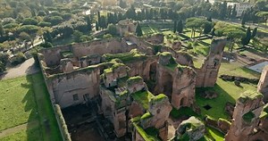 Aerial view of Baths of Caracalla, Rome, Italy. Historical ancient ruins in the center of the tourist site of the national archaeological museum in Europe. High quality 4k footage