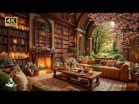 Sunwoven Library with Blossom Garden Windows | Lyrical Jazz Reading, Deep Study & Quiet Immersion