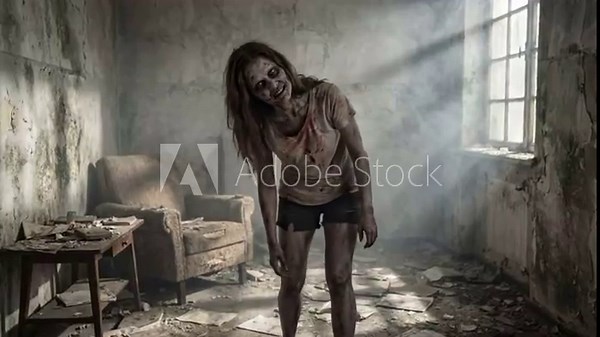 Terrifying Zombie Woman Screaming and Attacking in Abandoned Room