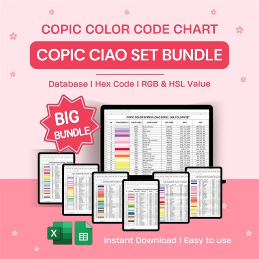 Copic Color Code Chart Bundle | Ciao Set | Excel Database HEX RGB HSL Value - Etsy