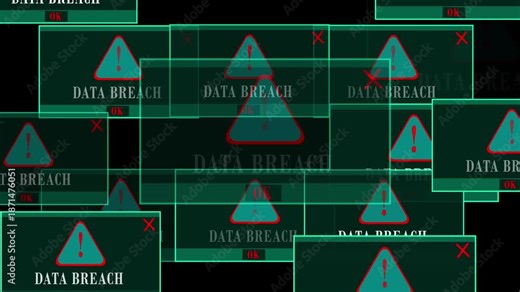 Data Breach Warning Error Window Pop-Up on Black Screen, Cyber Security Alert, Information Leak, Hacker Attack, System Compromised, Digital Privacy Threat, Futuristic UI Notification