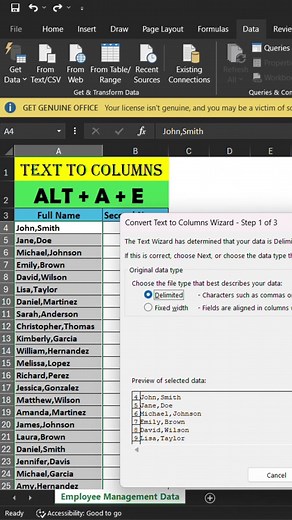 "Excel में सिर्फ 1 क्लिक से Data साफ करें! 😱 Text to Columns Trick #Shorts"