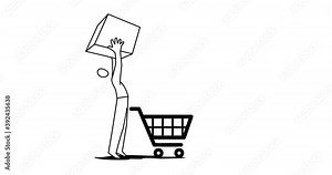 e-commerce, e-shop, web shop, web-store, sale, online-shop, consumer with a shopping trolley. 2d, animation, cartoon, illustration, clip art. Web banner in black and white. Alpha channel. Time lapse