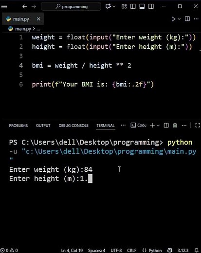 Python BMI Calculator #python #programming #coding