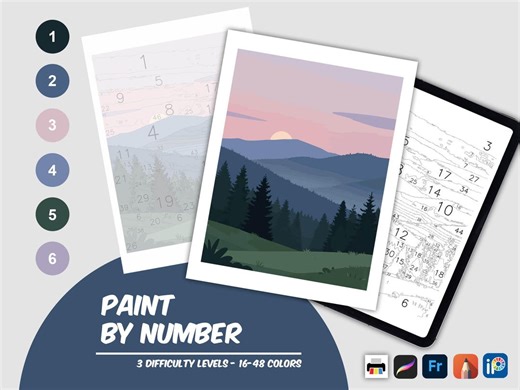 Landscape Color by Number Printable, Mountain Paint by Number, Sunset Adult Coloring, Forest Nature Digital Art, Printable Coloring Page - Etsy