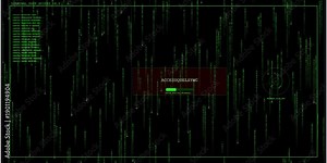 A hacker terminal screen displaying a matrix of green code streams with a red alert box and blurry text in a digital environment from a frontal viewpoint