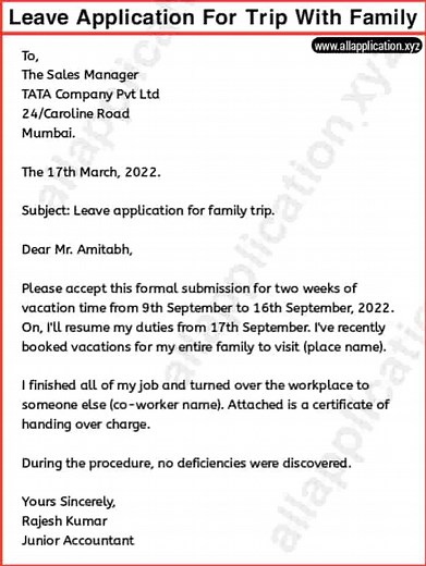Leave Application for Trip with Family (9 Examples)