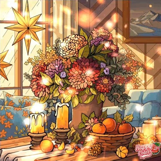 Colour with me Flower and candles on the table in Happy Color App