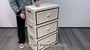 RAZXNAOR 3-Tier Stackble Plastic Storage Cabinet with Carrying Handles, Beige, 3 Pack