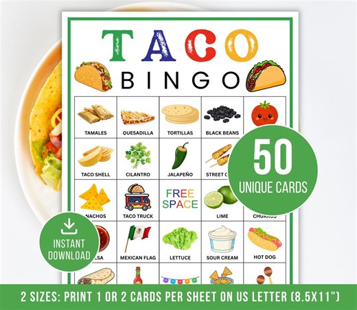 Taco Bingo, 50 Taco Bingo Cards, Printable Taco Activity for Kids, Taco Party Games, Fiesta Bingo, Fiesta Games, Kids Taco Party Game, PDF - Etsy