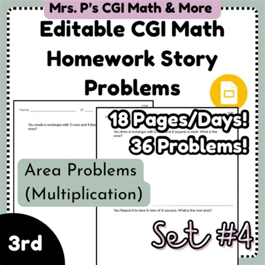 Editable CGI Math Story Problem Homework Set 4 - Area of Rectangle / Third Grade
