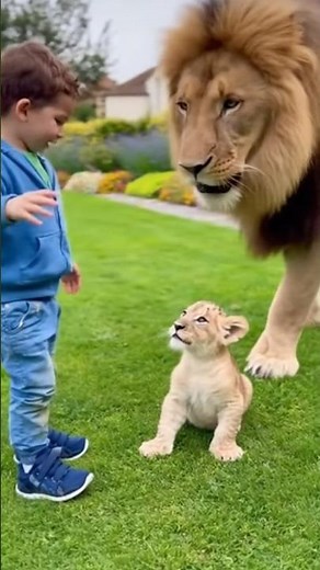 “Funny Moment: Lion Cub Plays With Kid!”#shorts