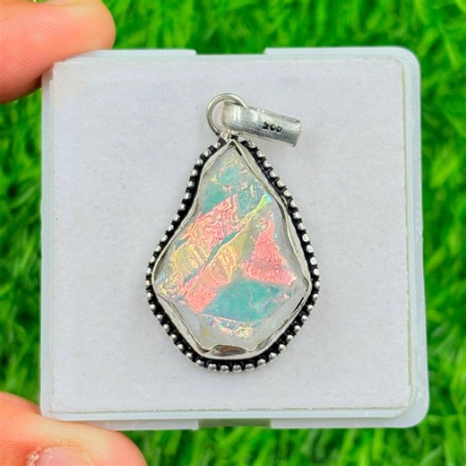 White Opal Titanium Pendant in Sterling Silver, Rainbow Iridescent Stone, Statement Jewelry - Z-44 - Etsy