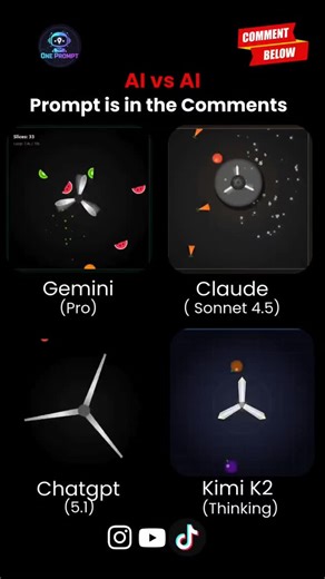 One Prompt on Instagram: "Prompt: Create a self-contained HTML/CSS/JS animation on a dark 520×520 canvas showing a realistic three-blade vegetable cutter spinning at high speed. Fruits and vegetables fall under gravity, collide with the blades, and are physically sliced into fragments with visible momentum transfer, centrifugal force, gravity, drag, and spin. The animation must auto-play, last 10 seconds, loop seamlessly, and feel industrial and realistic. (AI vs AI) The Contenders: ChatGPT 🤖✨ 