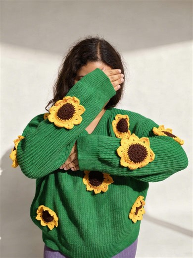 Hand Knit Green Sunflower Sweater – Cozy Cottagecore Floral Knit, Soft Chunky Pullover, Unique Handmade Gift - Etsy