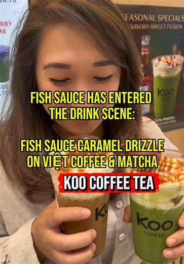 Fish sauce (nước mắm) in a drink?! 👀 I had to try these new drink series! Koo Coffee Tea’s limited-time Fishy Coffee and Fishy Matcha put a Việtnamese twist on your usual drinks, finished with a sweet-savory fish sauce caramel drizzle. The flavor is definitely unexpected… but somehow it works. (Think: fish sauce takes salted caramel and adds a subtle savory umami kick) Would you try it? 📍 Koo Coffee Tea @KooCoffeeTea 9200 Bolsa Ave Ste 306, Westminster, CA 92683 Inside Asian Garden Mall (Phước