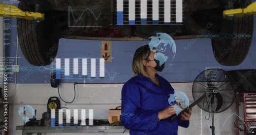 Female tech tapping tablet beneath automotive lift, loading expanding HUD charts diagnosing faults