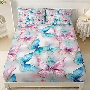 AILONEN Girls Butterfly Fitted Sheet Set Twin Size, 3 Piece Set, Pink and Blue Butterflies Pattern, 1 Fitted Sheet (39"W x 75"L x 16"H), 2 Pillowcases (20" x 30")