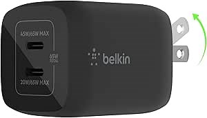 Belkin Dual USB C Charger Block 65W, Super Fast Charging PD 3.0 w/GaN - Samsung Galaxy S26, Apple iPhone 17, Air, Pro, Pro Max, iPad, MacBook, AirPods, Apple Watch, & More - Black