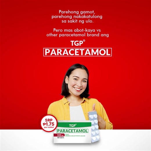 TGP Paracetamol, P1.75 (SRP) per tablet. Ang kaibahan ng may #KaibiganSaKalusugan. ASC Ref No. T0184N020724T | TGP The Generics Pharmacy