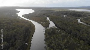 aerial panorama of unique noosa everglades, noosa river and lake cootharaba in south east queensland; unique australian wetlands similar to florida everglades in united states