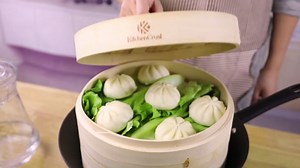 KITCHENCRUST Bamboo Steamer Basket for Chinese Asian Cuisine - 2 Tier 10-Inch Steaming Basket Bun Vegetable Steam, Dumpling Steamer bamboo steam basket, Sauce Dish, Chopsticks, Reusable Liners, Ring