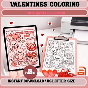 Printable Valentine's Day Coloring Pages for Kids, Cute Animals and Hearts Coloring Sheets, Toddler Valentine Activity, Instant Download PDF - Etsy