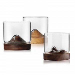 [Hot Item] Customized Japanese Mountain Whiskey Wine Glasses Wooden Base Rocks Beer Glass Teacup Set Bar Drinkware
