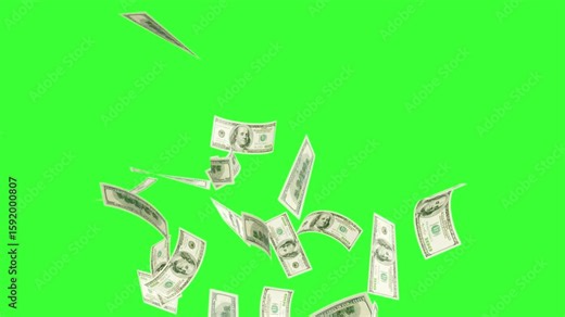 Raining money stock video 100 dollar over green screen chroma key background. 4K realistic dollars bills falling down animation. Falling Dollar partical, Banknotes money flying down animation.