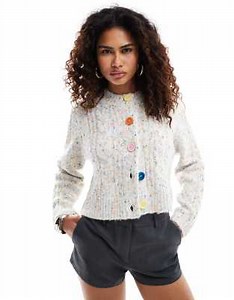 Urban Revivo flecked cable knit cardigan with contrast buttons in cream multi | ASOS