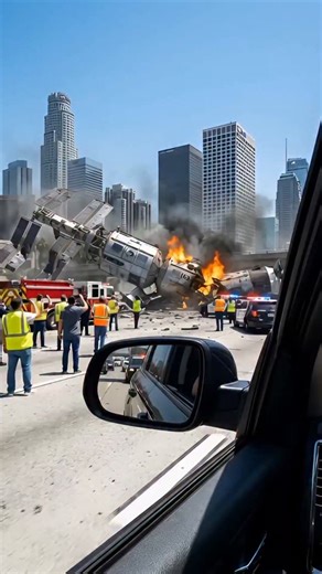 Nakroos on Instagram: "🇺🇸 POV from car window — the ISS space station appears destroyed in downtown Los Angeles 😳🚗🌆🚀 Debris across the streets, emergency lights flashing, and a moment that feels unreal—like witnessing a scene from a blockbuster while stuck in traffic. 🎬 Fictional, AI-generated cinematic scene — not real, just visual storytelling. Hollywood has destroyed cities in movies for decades (Transformers, Godzilla, Spider-Man)… AI is simply the next evolution of how these stories 
