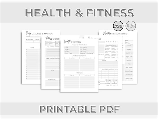 Health and Fitness Planner Printable – Diet, Workout, Medication Tracker (A4 and US Letter PDF) - Etsy
