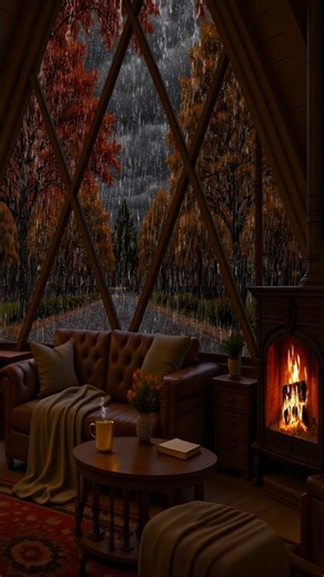 Autumn Jazz by the Fireplace 🍂 Rain Sounds Outside a Cozy Forest Cabin for Reading & Relaxation