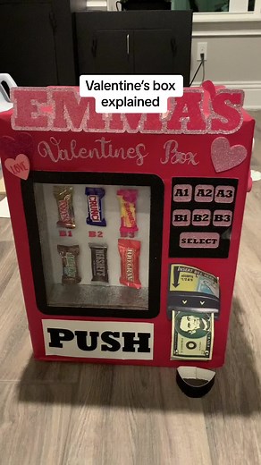 Valentines vending machine box tutorial! You will need 2 boxes, Amazon boxes work great! Tape the large box up amd cut a rectagle the size of your smaller box and place it snuggly inside, and i hot glued it to keep it in place. Then from there its just decorating the box as you desire!! I have a cutting machine, silhouette cameo, and i used that for all the cardstock decor i put on it. The clear covering is a piece of acrylic cut to size. Feel free to message me if you have any questions! #valen