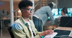 Computer screen, engineer and coding on keyboard in office and productivity on futuristic technology. Man, writing or working on gaming programming on neon mousepad and glasses with reflection of pc