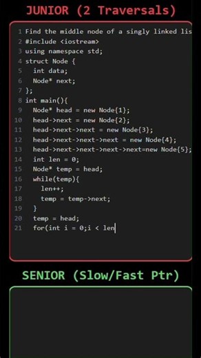 Junior vs Senior Developer | Find Middle Node of Linked List 🧠 #shorts