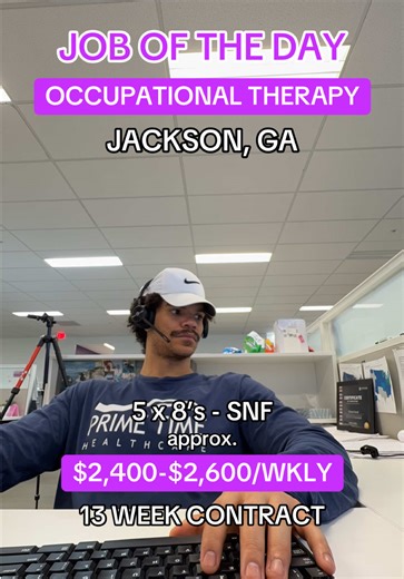 JOB OF THE DAY 🚨 Occupational Therapist 📍 Jackson, Georgia - Skilled Nursing Facility (manageable setup) - 5x8’s – consistent schedule - May 18 Start APPROX $2,400–$2,600 Weekly Gross Includes estimated $30–$32/hr taxable base non-taxable stipends (if eligible) Why this one stands out: • Strong weekly pay for SNF • Consistent 5x8 schedule (no guessing your hours) • Good fit if you want structure routine • Opportunity to stay busy without chaotic hospital pace Ideal for: OTs who want solid pay 