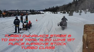 This race is only 500 Feet Snow drag in wet snow (2 Deg temps) TD ben's trail sled set up for weekend racing wins 1st place Improve stock turbo class (20 field) . My driver and mecanic Mat Robitaille did an excellent job taming the beast and winning all his rounds ! This was at the Cantley snow race sponsored by Laperriere Motorsport and Excavation Pat legault et Patrick Dompierre. This sled has the new TD stage 6 kit and the TD race map and runs the stock turbocharger. Very fast sled, and we st