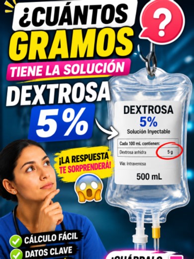 Cuando te pregunten cuantos gramos contiene una Dextrosa 5% de mil ML, esto es lo que debes responder como enfermera. ¿Sabías que una solución de Dextrosa al 5% tiene una cantidad específica de glucosa que todo profesional de enfermería debe conocer? 💉🩺 En este video te lo explico de forma rápida, fácil y con un truco para que nunca lo olvides. 🚀 💬 ¿Ya sabes cuántos gramos contiene una bolsa de 500 mL? Escríbelo en los comentarios antes de ver la respuesta. 📌 Guarda este video y compártelo