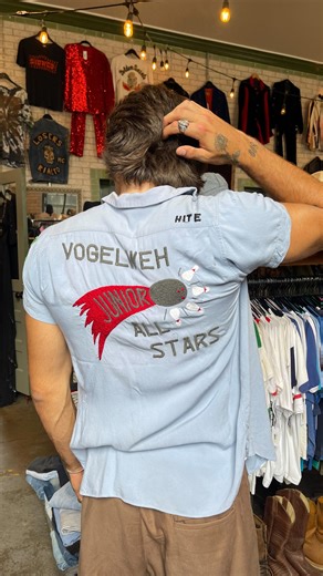 GIVE US this bowling shirt NOW PLEASE!! 🎳 Check out this vintage 1970s bowling shirt we just put on the floor. It’s our favorite one yet 😮‍💨 Available in our store now, dm us for details! #bowlingshirt #vintageaesthetic #vintagedrop #vintagemenswear #vintagebuttondown #vintagepatches #vintagebowlingshirt #vintagestyle #springoutfitideas | Black Shag Vintage